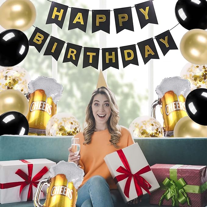 ZHENGYE Black Gold Birthday Decorations Set Happy Birthday Banner Latex Balloon Beer Balloons Beer Themed Decoration Party Supplies