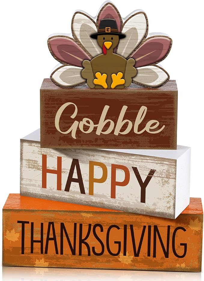 4 Pcs Thanksgiving Decorations for Home Wooden Turkey Thanksgiving Table Centerpiece Fall Tiered Tray Decor Rustic Wooden Turkey Block Sign for Autumn Harvest Party Table Kitchen Shelf