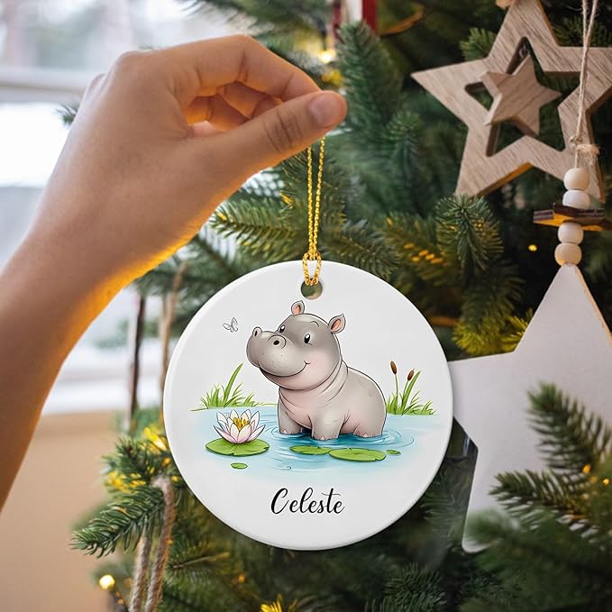 Baby Hippo with Nature Ornament, Hippo Christmas Keepsake with Customized Name, Cute Hippopotamus Ceramic Decoration, Gift for Family Friends Him Her Animal Lovers, Personalized Wild Animal Ornament
