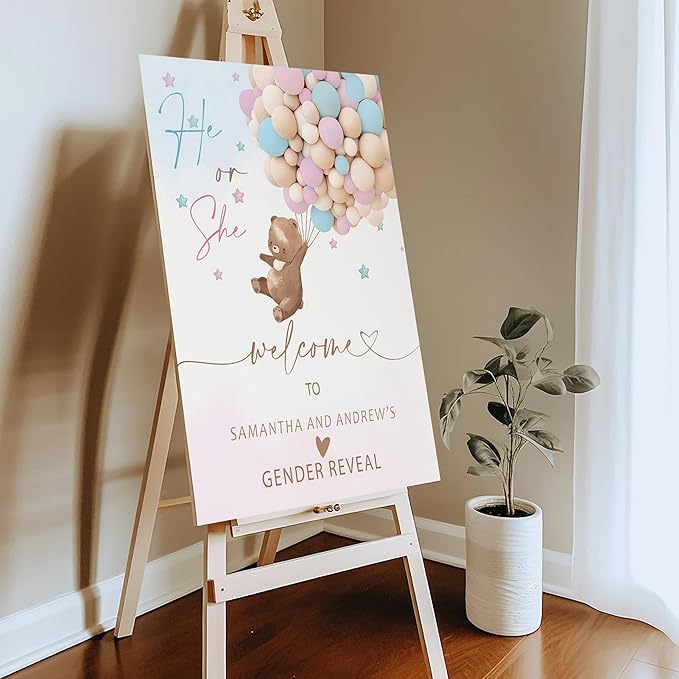 Gender Reveal Welcome Sign – Teddy Bear Balloon Theme,Personalized Teddy Bear Gender Reveal Welcome Sign, He or She Yard Sign, Boy or Girl Gender Reveal Sign, We Can Bearly Wait Gender Reveal .1