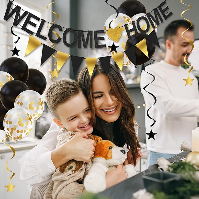 Welcome Home Banner Decorations with Welcome Home Sign, Garland, Balloons and Hanging Swirls for Military Homecoming Deployment Returning, Welcome Home Party Supplies