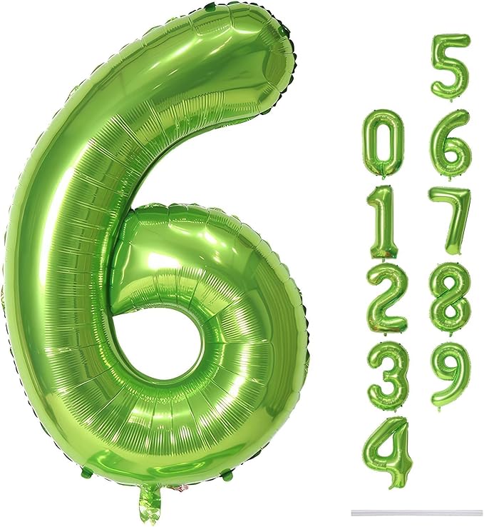Green Number Balloons, 40inch Large Number 6 Foil Mylar Helium Balloons for Girls Women, Self Inflating Number Balloons 0-9 for Men Boys 6th 16th 60th Birthday Anniversary Party Celebration Decoration