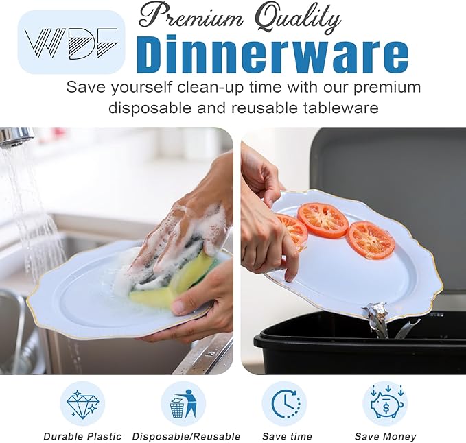 WDF 175Pcs Blue Plastic Plates - Heavy Duty Baby Blue Plates Disposable - 25Guests Plastic Dinnerware Ideal for Parties/Wedding/Baby Shower