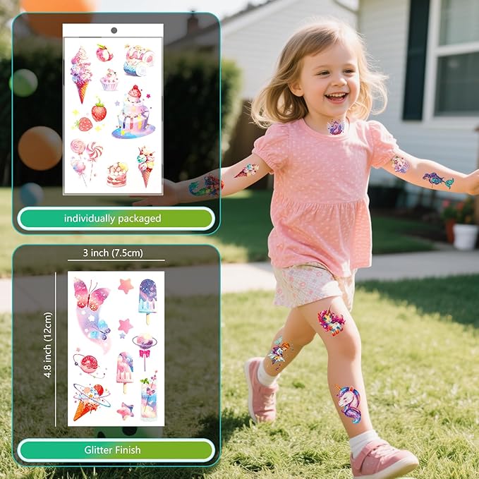 150+ Kids Glitter Temporary Tattoos for Girls – Individually Wrapped, Waterproof Tattoo Stickers – Mermaid, Unicorn, Fairy, Butterfly & More