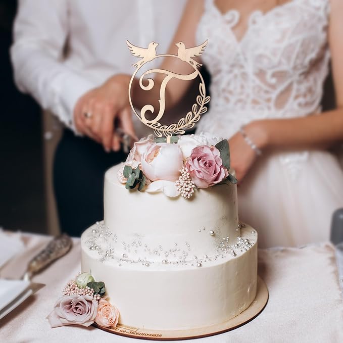 LINGTEER Personalized Inital Letter T Wood Cake Topper Perfect for Birthday Rustic Wedding Anniversary Party Keepsake Decoration