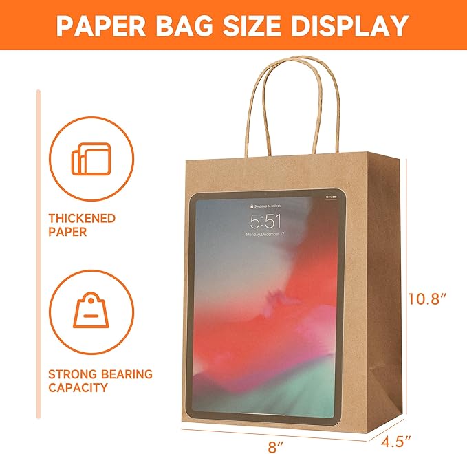 METAPRINT Brown Paper Gift Bags with Handles in Bulk, 100pcs Kraft Paper Bags 8x4.5x10.8 inch, Recyclable Shopping Bags for Retail, Grocery, Party Favors, Wedding