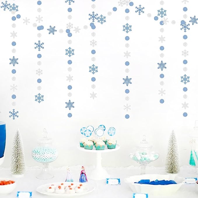 Snowflake-Snow Blue-Silver Christmas Party-Decoration Garland - 52Ft White Winter Wonderland Frozen Hanging Paper Streamers,Birthday New Year Baby Shower Supplies Classroom Decor Lasting Surprise