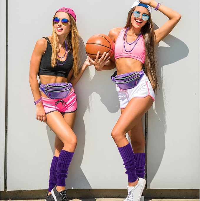 Handepo 19 Pcs 80s Costume Accessories Holographic Fanny Pack Leg Warmers Lace Headband Earrings Gloves Necklace Bracelet