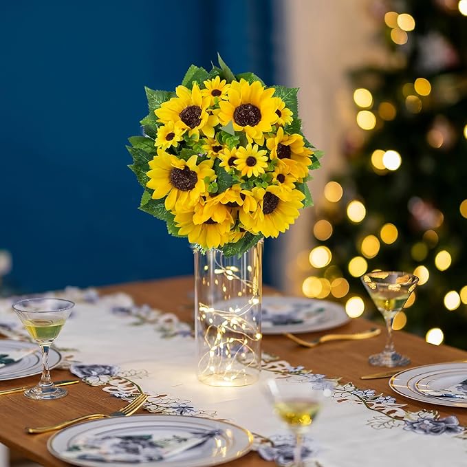 BLOSMON Sunflower Artificial Flowers Ball - 2 Pcs Fake Sunflower Flowers CenterPieces Decoration for Wedding Table Silk Kissing Floral Arrangements for Home Party Event DIY Decor