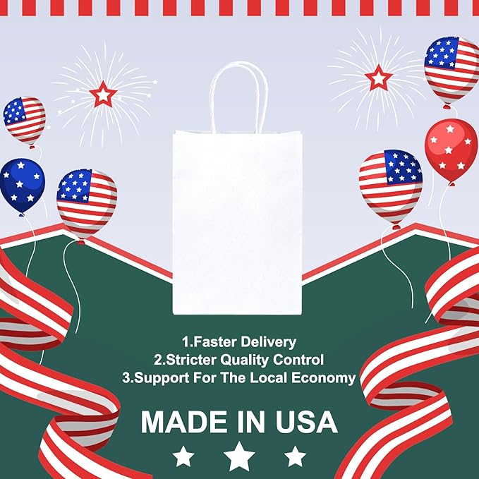 METRONIC Gift Bags 5.25x3.75x8 100Pcs, White Paper Bags with Handles, Kraft Paper Bag for Small Business, Paper Bag for Birthday Party Favors, Shopping