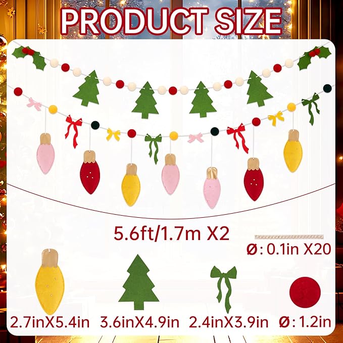 SUNBEAUTY Felt Christmas Garland Banner Pom Pom Garland Christmas Felt Xmas Tree Bells Bow Red Green White Christmas Ornaments for Wreath Home Indoor Outdoor Window Party Xmas Decorations