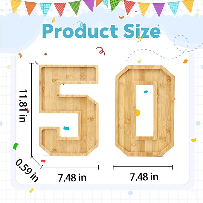 Brainy 50th Birthday Party Supplies Trays Number Charcuterie Tray Wooden Serving Charcuterie Tray for 50th Birthday Anniversary Party Decorations Chocolate Candy Container (50th)
