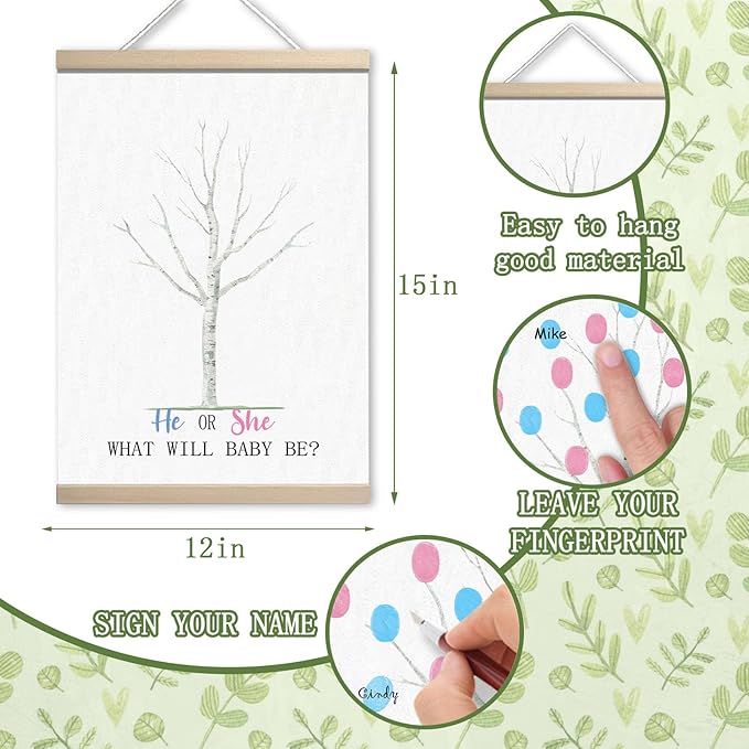 Gender Reveal Decorations Fingerprint Tree Canvas Paintings Decor Gifts Ideas - Baby Party Supplies - Boy and Girl Gender Guess Game - Thumbprint Hanging Paintings