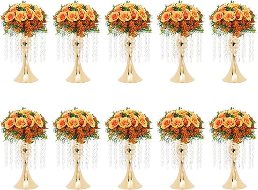 Wedding Centerpieces Gold Vases,10PCS Metal Flower Candle Holder with Sparkling Crystal Beads,Crystal Flower Vase Metal Flowers Stand for Party Tables Decorations (10PCS-Gold-13cm)