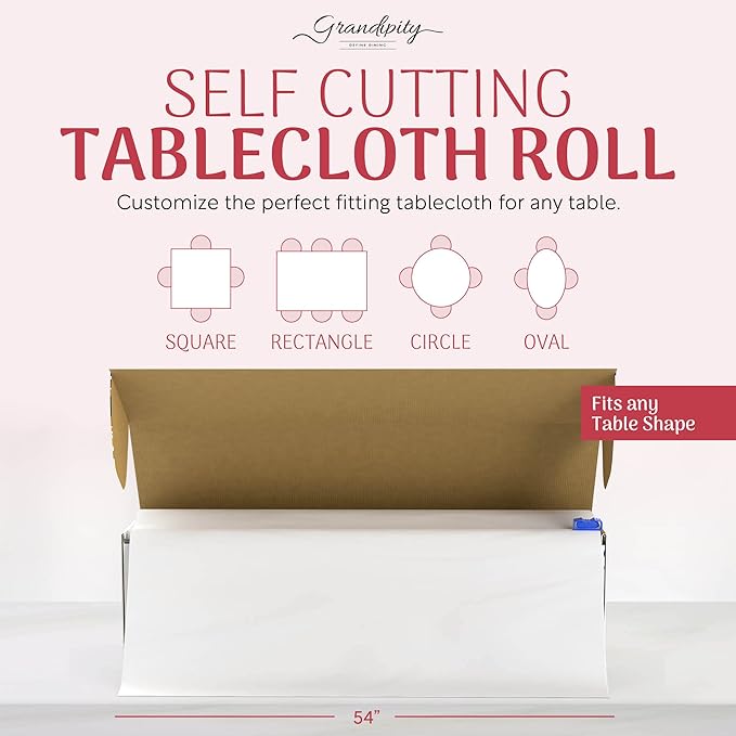 Grandipity Plastic Tablecloth Roll - 54in x 300 Ft. White Plastic Table Cloths for Parties Disposable with Cutter Box - Cut to Size Disposable Tablecloth Table Cover for Rectangle & Round