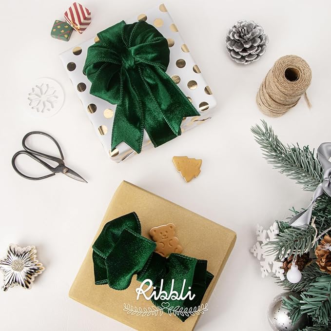 Ribbli Forest Green Velvet Wired Ribbon 1.5 Inch Velvet with Satin Christmas Ribbon for Gift Wrapping Christmas Tree Decoration Crafts Wreaths Supplies-Continuous 10 Yards