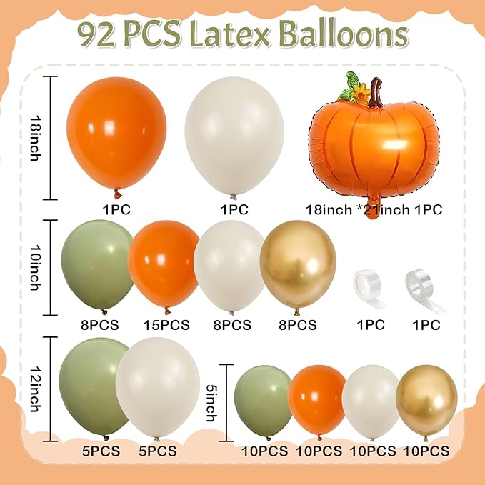 Fall Balloons Garland Arch Kit, Burnt Orange Pumpkin Foil Balloons, Orange Green Sand White Gold Balloon for Little Pumpkin Baby Shower First Birthday Thanksgiving Fall Autumn Harvest Party Decoration