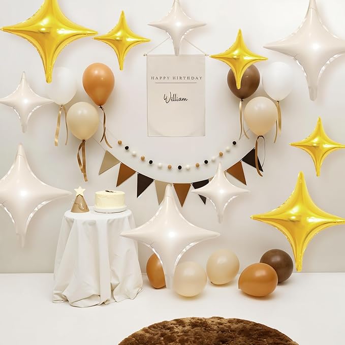 Cream White Gold Star Balloons,12Pcs Four Angle Star Foil Balloons,26Inch and 10Inch Sand White Gold Quadrangle Helium Balloon for Birthday Baby Shower Anniversary Party Decorations