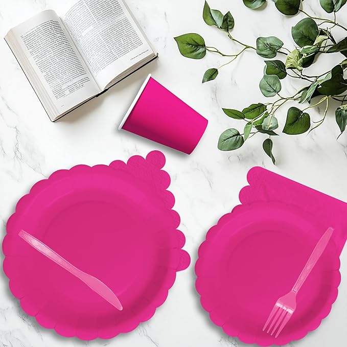 Hot Pink Party Decorations Supplies Tableware, Hot Pink Paper Plates And Napkins, Tablecloth Printed Table Runner, Cutlery, for Birthday Baby Bridal Shower Wedding Anniversary, Serves 24