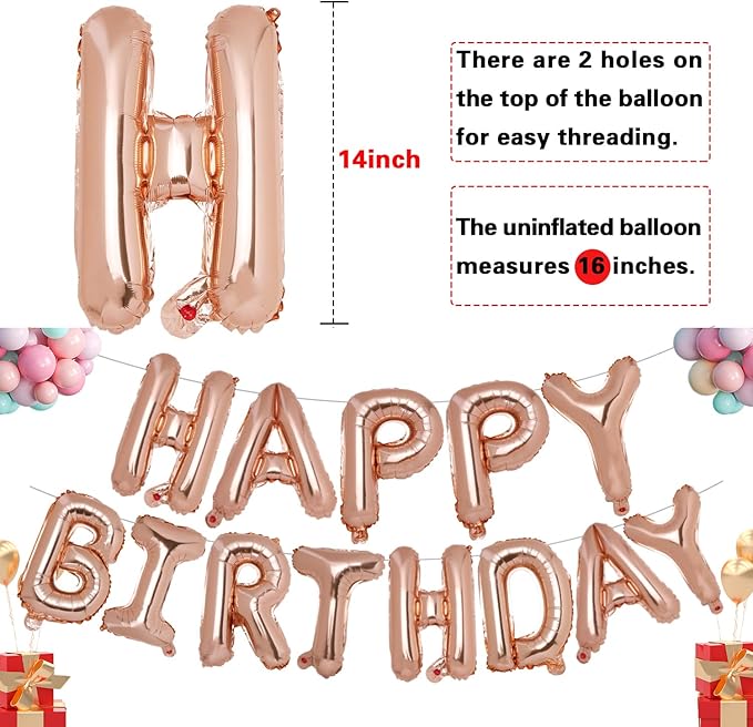 Accevo Rose Gold Happy Birthday Banner 16 Inch Foil Letters Balloons Happy Birthday Balloon for Kids, Child, Adults, Boys & Girls Birthday Decorations 3D Happy Birthday Balloons Sign Banner
