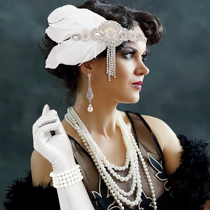 DRESHOW 1920s Great Gatsby Accessories for Women Flapper Headpiece Headband Gloves Costume Harlem Nights Accessories Set