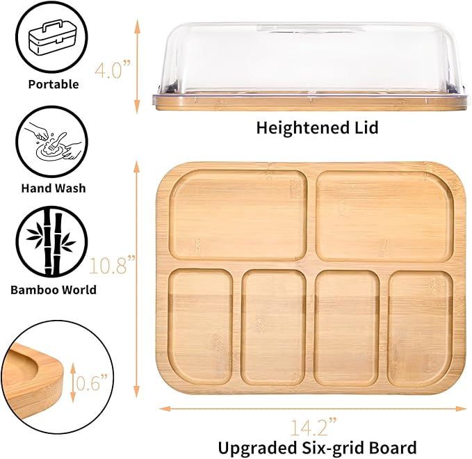 6-Compartment Bamboo Tray with High-Profile Locking Lid – Portable Serving Board for Charcuterie, Camping, and Home Organization