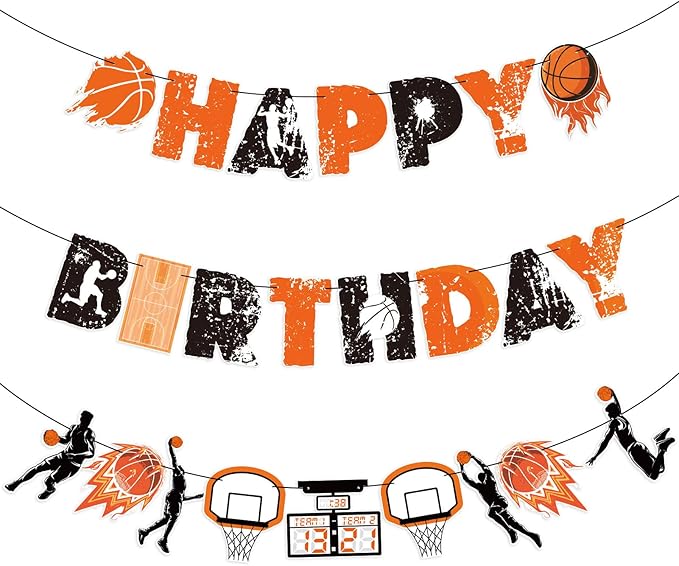 SUNBEAUTY Basketball Happy Birthday Banners，Basketball Themed Party Decorations, Basketball Themed Party Supplies Basketball Slam Dunk Garland Birthday Party Bunting Sign for Kids Teenagers Boys Men