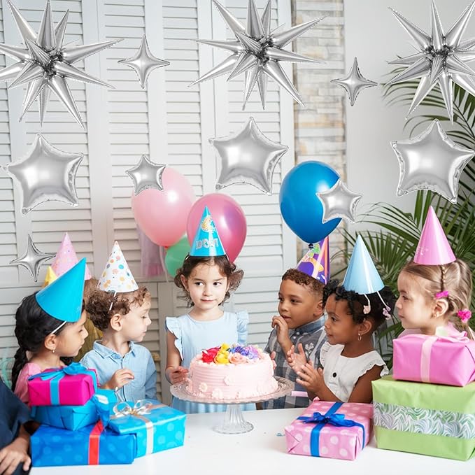 16 Pcs Silver Star Balloons, 22/18/10 Inch Foil Balloons, Four-Pointed Large Balloon for Kids Birthday Graduation Celebration Wedding Baby Shower Party Decorations