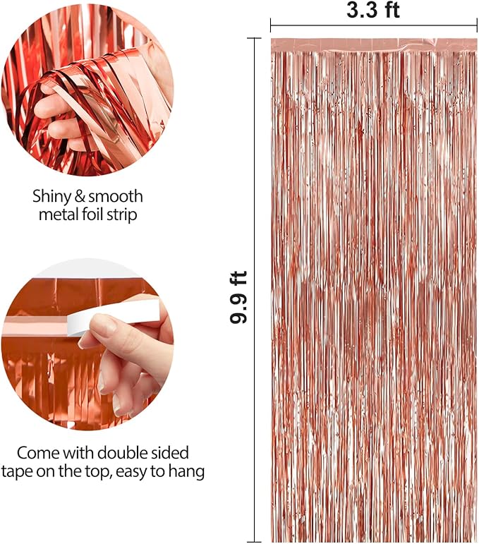 Crosize 5 Pack 3.3 x 9.9 ft Rose Gold Foil Fringe Curtains Party Decorations, Rose Gold Tinsel Curtain Backdrop for Parties, Door Streamers, Glitter Streamer Backdrop for Birthday Decoration