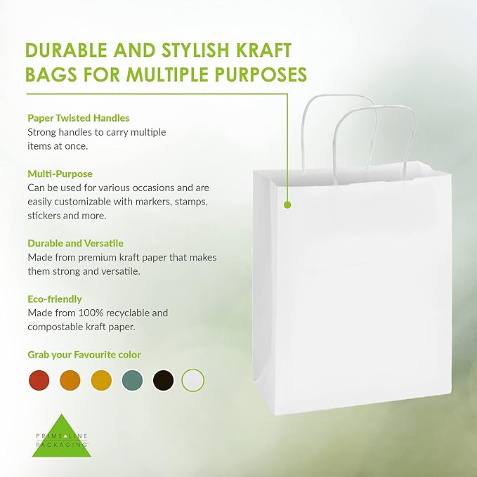 Prime Line Packaging White Paper Bags, Kraft Gift Bags with Handles for Small Business, Boutique, Retail, Shopping, Birthdays, Party Favors, Bulk, 8x4x10, 25 Pack