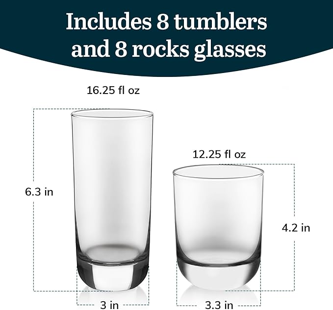 Libbey Polaris Tumbler and Rocks Glass Set, Elegant Drinkware Glasses Set,, Tall Drinking Glasses with Modern Clean Lines, Dishwasher Safe Drinking Glasses Set of 16