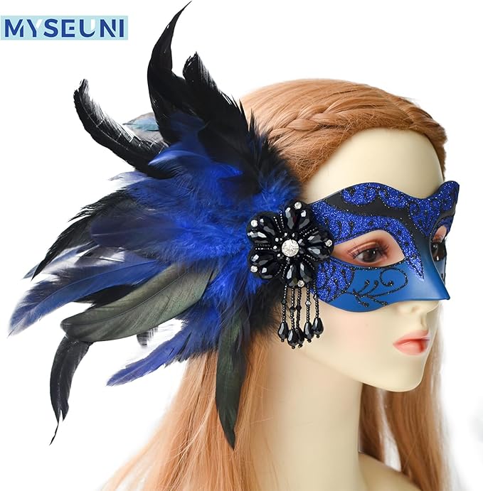 Blue Masquerade Mask for Couple -Mascarade Masks for Women with Feathers & Venetian Mask Men for Masquerade Party, Mardi Gras, Halloween Cosplay Prom, Christmas