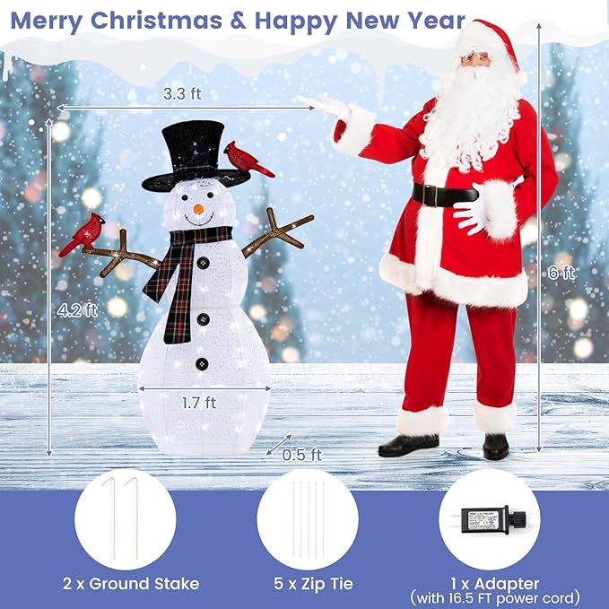 Tangkula 4.2 FT Lighted Christmas Snowman with Redbirds, Pre-Lit Snowman Ornament Christmas Decoration with Cold White LED Lights, Stakes, Outside Xmas Yard Decor, Xmas Indoor Outdoor Holiday Decor