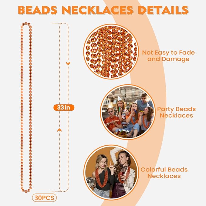 SHAOQINLIN 30 PCS Orange Bead Necklace, Orange Mardi Gras Beads, Halloween Necklaces, 33 Inch Party Beads Round Beaded Necklace for Mardi Gras, Christmas, Halloween