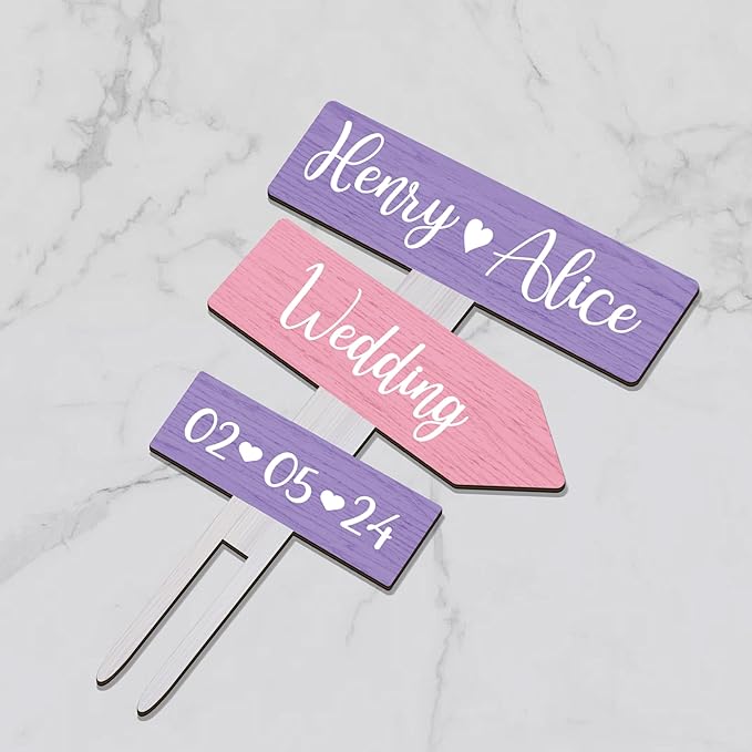 Personalized Rustic Wedding Cake Topper in Wood Custom Bride & Groom Names Initials Wedding Date Cake Decoration (Lavender)