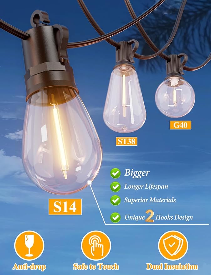 Brightever 50FT LED String Lights, Outdoor Lights for Patio with 16 Shatterproof S14 Edison Bulbs, Commercial Grade Waterproof Rope Light for Outside, Cafe, Bistro, Porch, Garden, 2700K Warm White