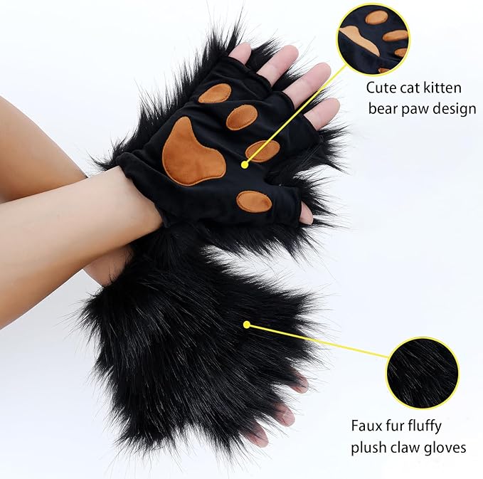 Adolala Faux Fur Fox Tail Cat Wolf Set Plush Mask Fluffy Paw Gloves Halloween Christmas Party for Women