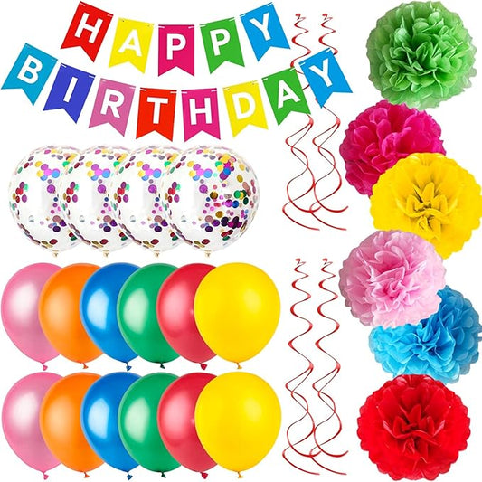 Colorful Party Decorations Kit - Happy Birthday Banner, Spiral Charm, Paper Flower Ball, Latex Balloons and Confetti Balloons for Boys and Girls Party Supplies