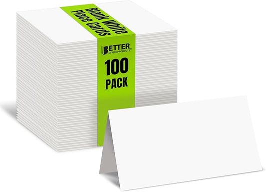 Better Office Products 100 Pack Blank White Place Cards, 2 x 3.5 in, Folded Table Tent Cards for Weddings, Dinner Parties, Buffet Banquets, (100 Count)