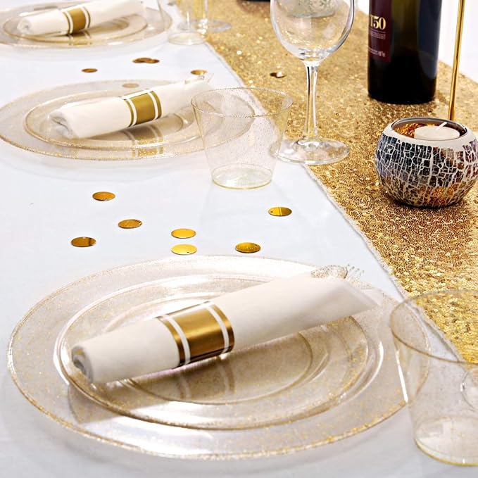 DaYammi 350 Pieces Gold Glitter Dinnerware Set 50 Guest for Party Thanksgiving Plates Disposable - 50 Dinner Plates, 50 Dessert Platos -50 Per Rolled Napkins with Gold Cutlery -50 Disposable Cups 9 OZ