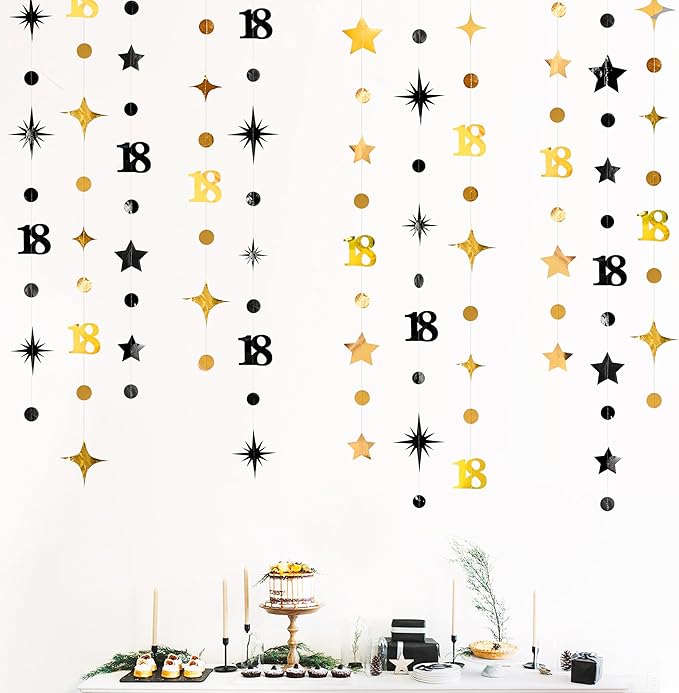 Black Gold 18th Birthday Decorations Number 18 Circle Dot Twinkle Star Garland Streamer Banner Backdrop for Girls Boys Happy 18th Birthday Time to Adult Cheers to 18 Years Old Anniversary Party Deocr