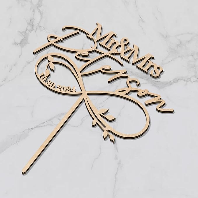 Mr & Mrs Wedding Cake Topper Personalized Bride & Groom's Last Name and Date Customized Wedding Anniversary Cake Decoration Leaves Infinity in Wood