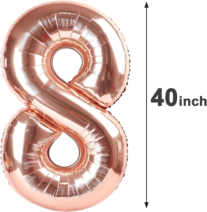 Rose Gold Foil Number 8 Balloon 40 Inch, Helium Mylar Eight Number 8 18 28 38 48 58 80 88 Birthday Balloons, 8th Rose Gold Women Men Wedding Anniversary, Graduations Party Supplies