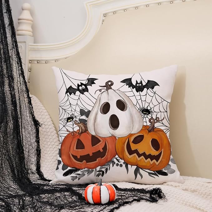 AACORS Halloween Pillow Cover 16X16 Set of 2,Pumpkin Jack-O'-Lanterns Bat Web Decoration Holiday Farmhouse Pillow Case Decor for Home Sofa Couch AA306-16-2