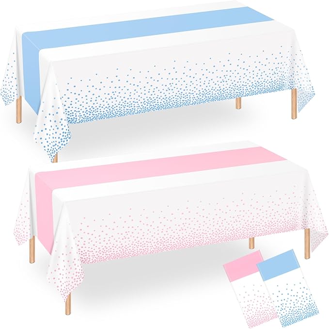 WNINK 2 Pack Pink and Blue Tablecloths, Gender Reveal Disposable Plastic Waterproof Table Cover for Boy or Girl Gender Reveal Party, Baby Shower, Birthday Party Decorations 54" x 108"