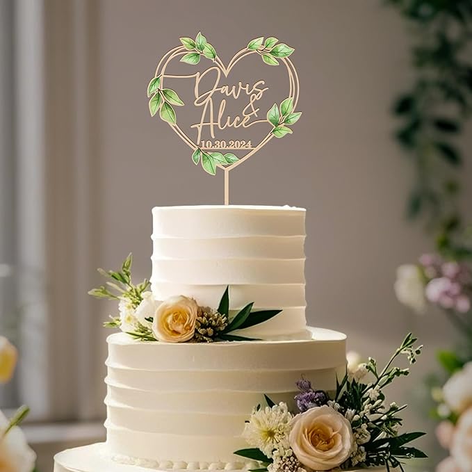 Heart Wedding Cake Topper Personalized Names and Date Green Leaves Engagement Cake Topper Keepsake Wedding Gift