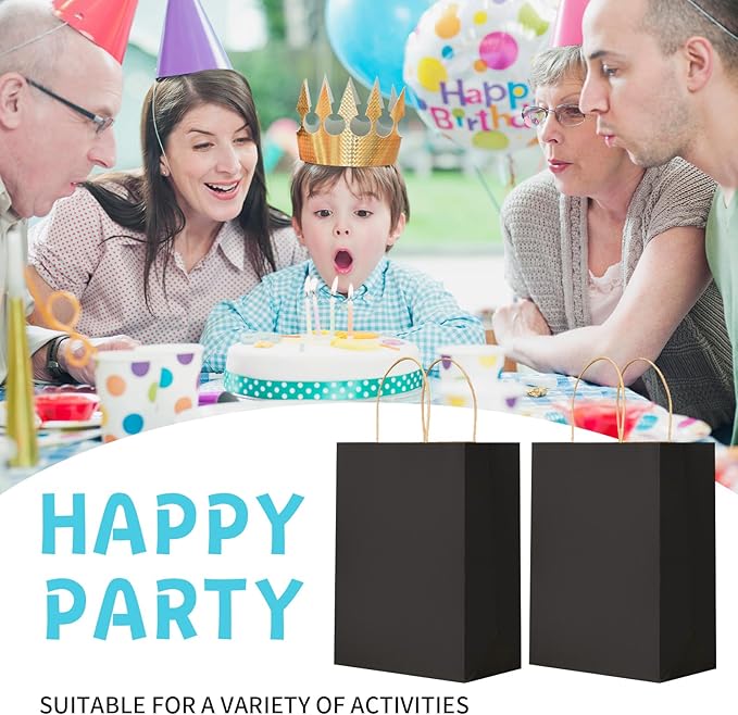 METAPRINT 100 Pcs Paper Gift Bags 8x4.5x10.8 Inch Black Kraft Bag with Handles Bulk for Birthday Wedding Party Favor Bags, Paper Shopping Bags