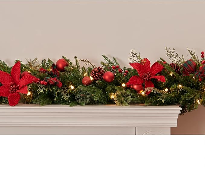 9Ft Poinsettias Pre-lit Christmas Garland 50 LED Lights Battery Operated,Holiday Decoration Fireplace Stairs Mantle Door Indoor Outdoor