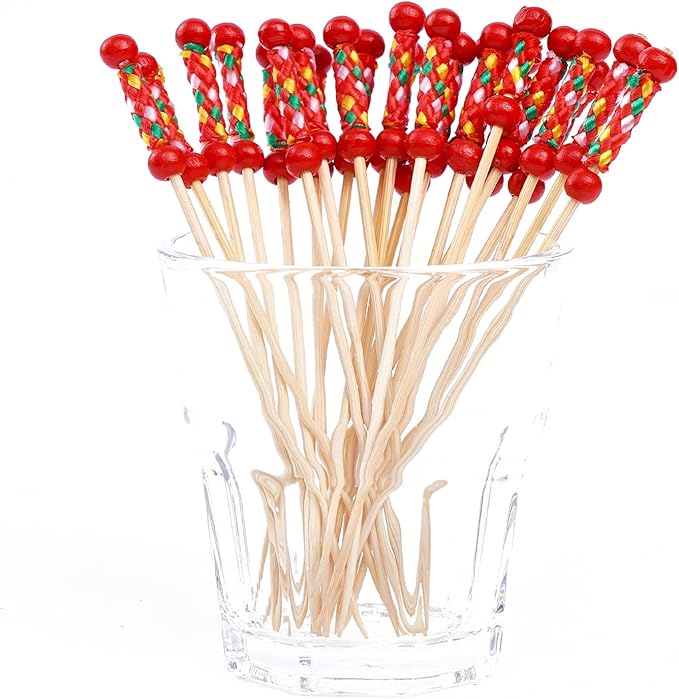 PuTwo Cocktail Picks Handmade Toothpicks 4.7” 100ct Red Beads with Rope