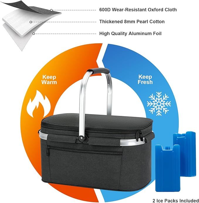 ALLCAMP Picnic Basket - 32L Insulated Cooler, Thickening Foldable Picnic Basket with Removable Baskets & Sewn-in Frame, Basket for House Warming Gifts New Home(Jet Black)